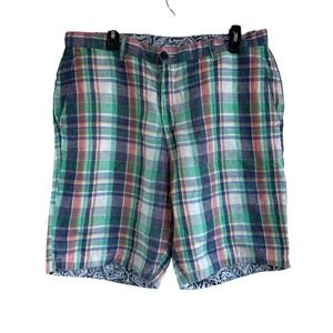 Tommy Bahama Linen Reversible Multicolor Plaid Men's Flat Front Shorts, Size 36